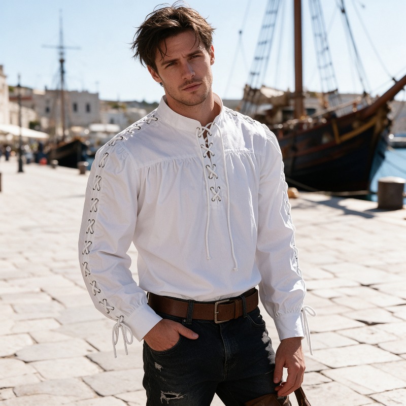 Medieval Gothic Lace Up Pirate Shirt - Men Medieval Pirate Lace Up Shirt