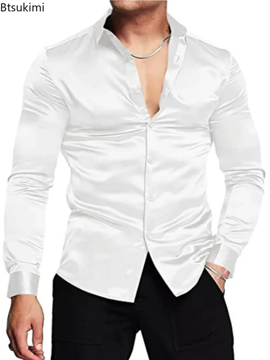 New 2026 Men's Luxurious Shiny - огляд і ціна Mens Satin Silk Dress Shirt