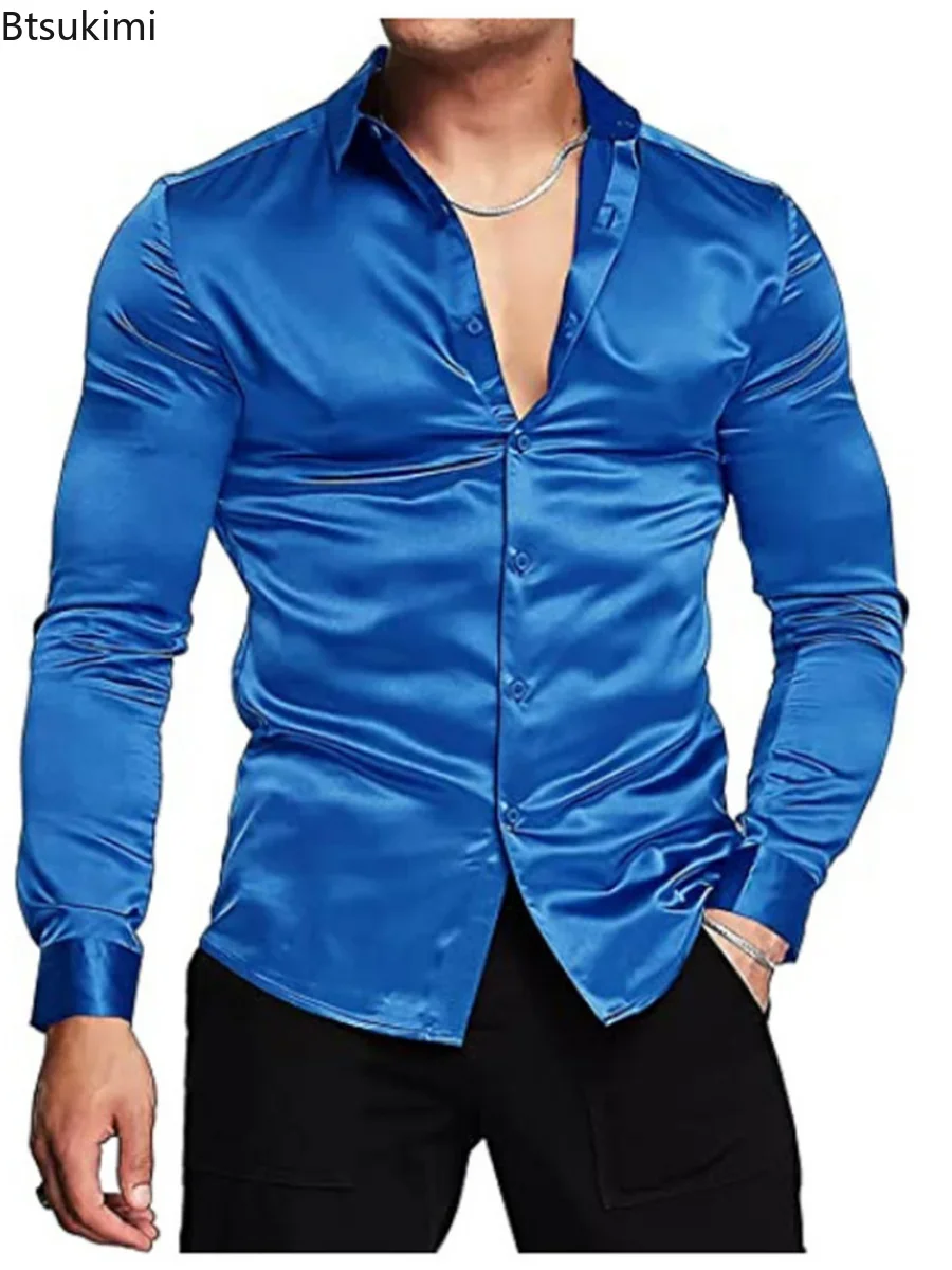 New 2026 Men's Luxurious Shiny - огляд і ціна Mens Satin Silk Dress Shirt